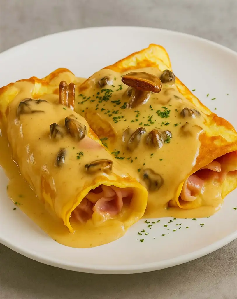 Crêpes jambon-champignons nappées de sauce crémeuse : un plat réconfortant