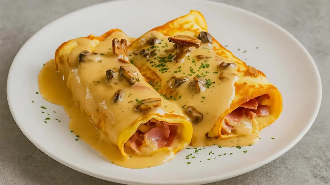 Crêpes jambon-champignons nappées de sauce crémeuse : un plat réconfortant