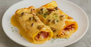 Crêpes jambon-champignons nappées de sauce crémeuse : un plat réconfortant